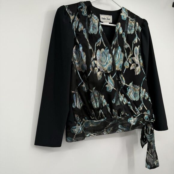 VTG Another Thyme Black LS Blouse Metallic Floral Fairy Gothic USA Art To Wear - Picture 3 of 11